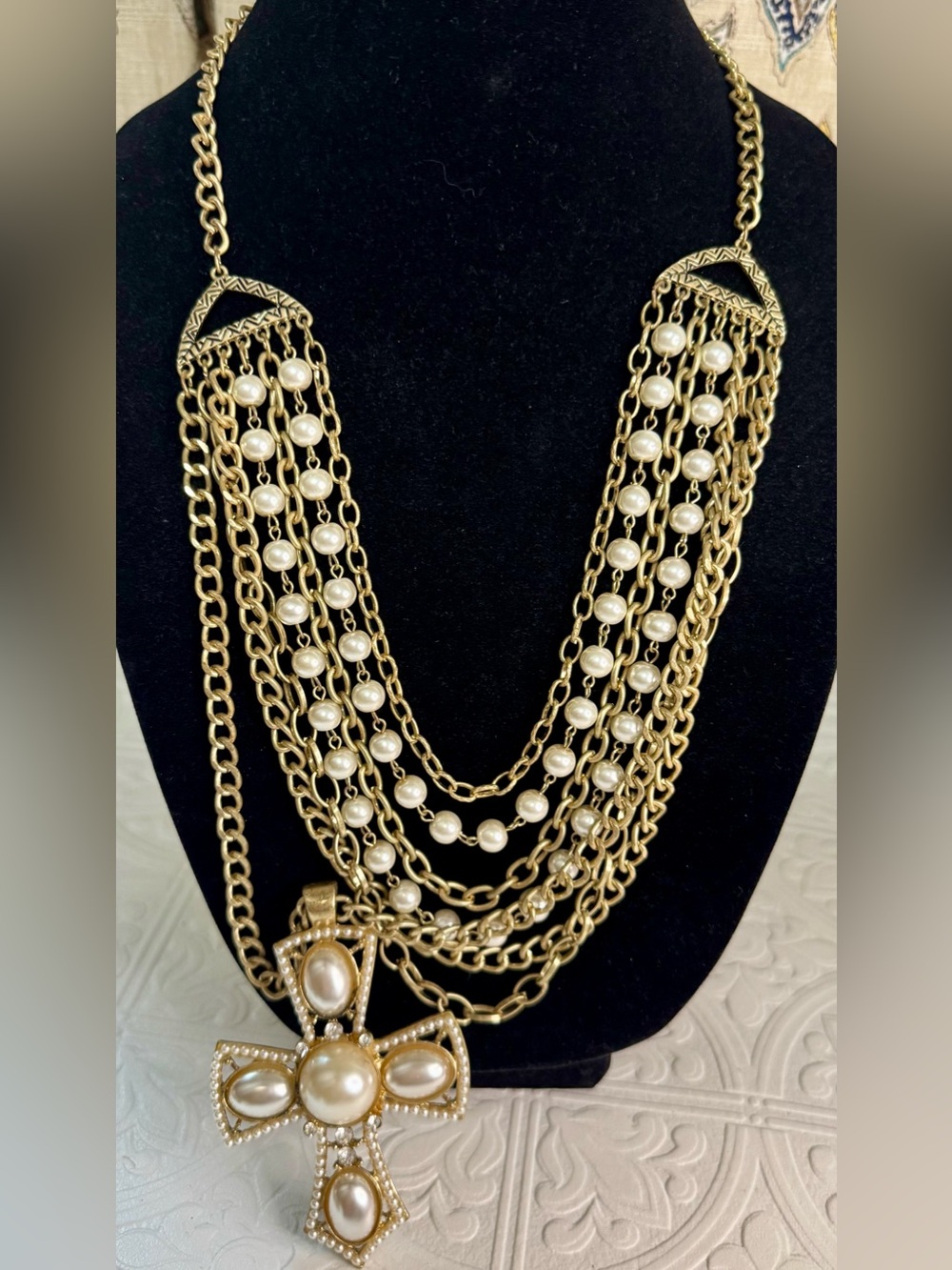 Vintage Baroque Multi-Strand Pearl & Gold Cross Statement Necklace